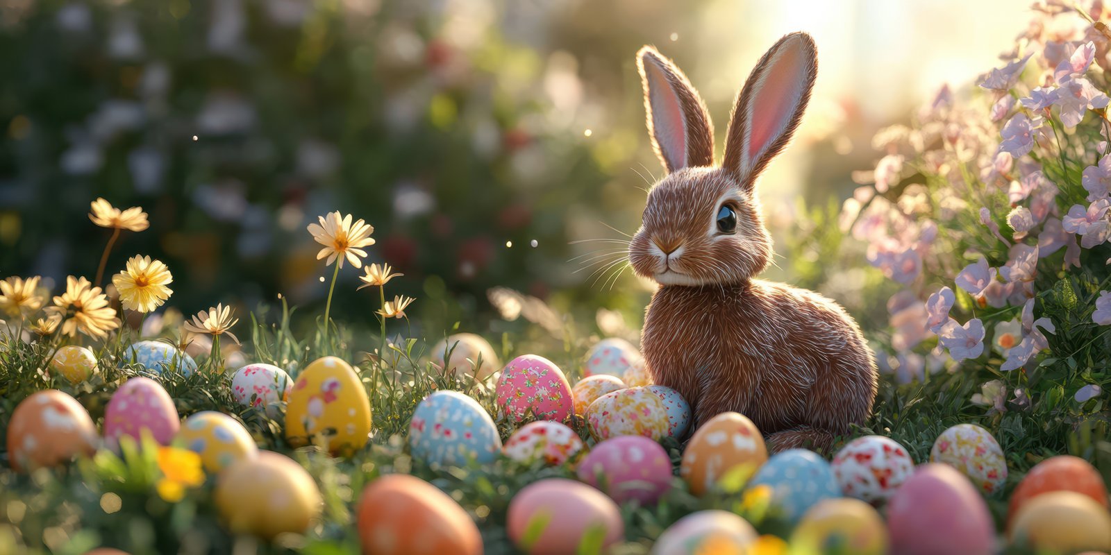 Bunny among colorful Easter eggs in a garden filled with flowers during a sunny spring afternoon